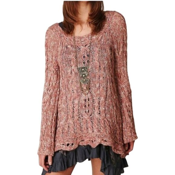Free People Open CableKnit Bell Sleeve Marled Mauve Alpaca Blend Sweater Size S - Picture 1 of 6